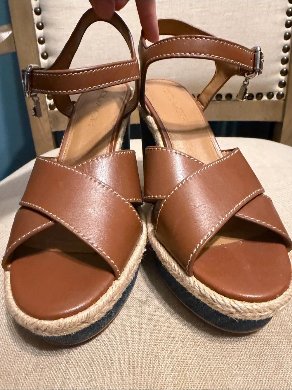 Coach Tan Leather Espadrille Wedge Sandals Size 7.5